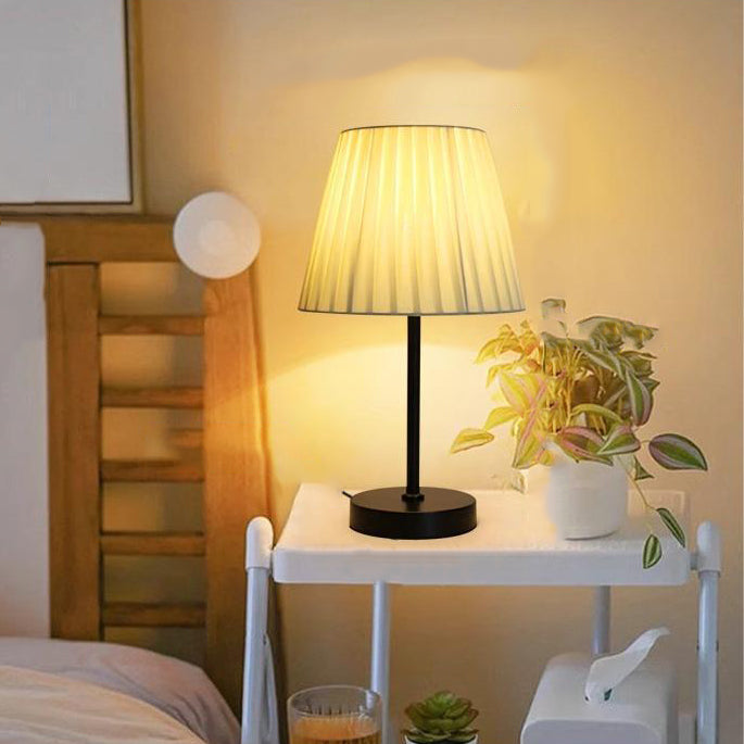 Contemporary Nordic Pleated Drum Shade Fabric Iron 1-Light Table Lamp For Bedroom