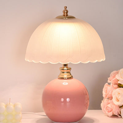 Zeitgenössische nordische Halbkugel-Blumenglobus-Basis Eisen Keramik Glas 1-Licht Tischlampe für das Schlafzimmer 