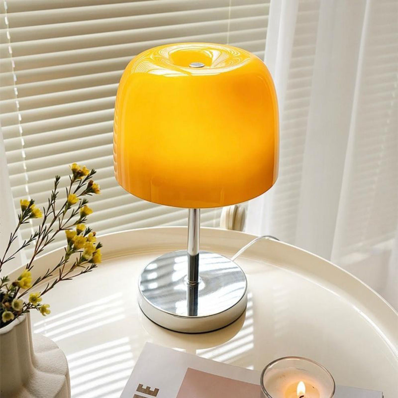 Zeitgenössische nordische runde Basis Pilzlampe Form Edelstahl Glas 1-Licht Tischlampe für Wohnzimmer 