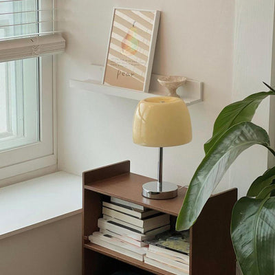 Zeitgenössische nordische runde Basis Pilzlampe Form Edelstahl Glas 1-Licht Tischlampe für Wohnzimmer 