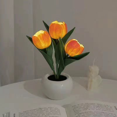 Zeitgenössische kreative Tulpenblumen-Keramik-PU-USB-LED-Tischlampe für das Schlafzimmer 