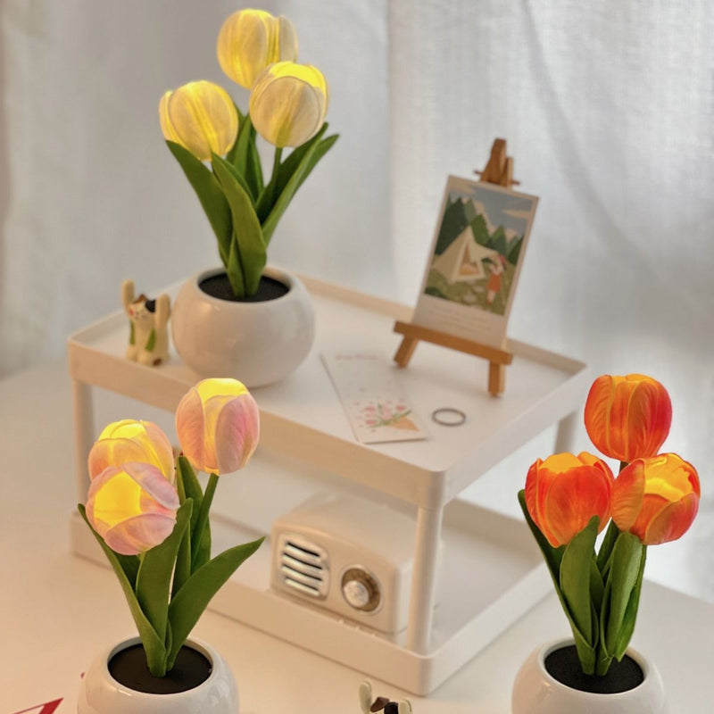 Zeitgenössische kreative Tulpenblumen-Keramik-PU-USB-LED-Tischlampe für das Schlafzimmer 