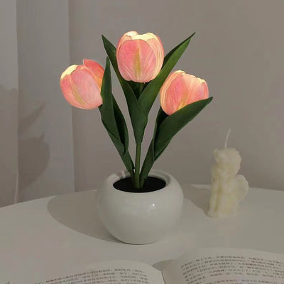 Zeitgenössische kreative Tulpenblumen-Keramik-PU-USB-LED-Tischlampe für das Schlafzimmer 