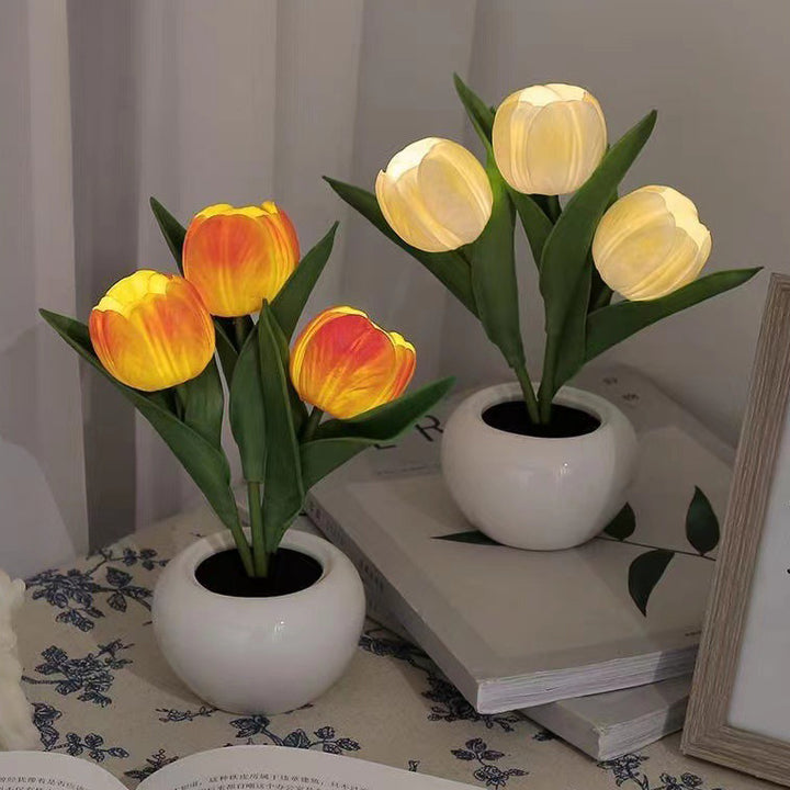 Lámpara de mesa LED USB de cerámica PU con flor de tulipán creativa contemporánea para dormitorio 
