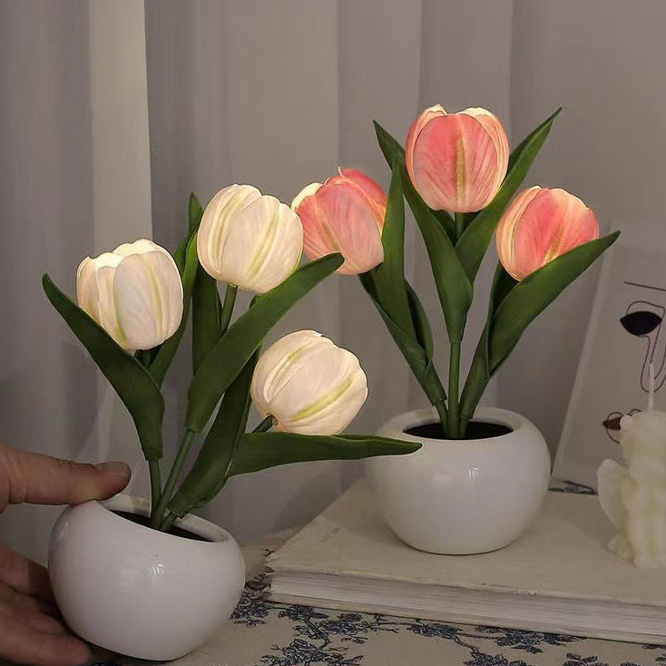 Zeitgenössische kreative Tulpenblumen-Keramik-PU-USB-LED-Tischlampe für das Schlafzimmer 