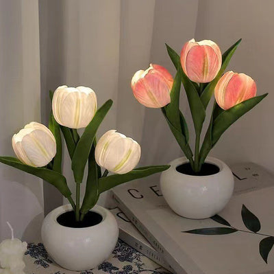 Zeitgenössische kreative Tulpenblumen-Keramik-PU-USB-LED-Tischlampe für das Schlafzimmer 