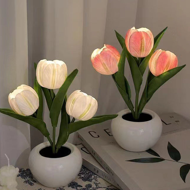 Zeitgenössische kreative Tulpenblumen-Keramik-PU-USB-LED-Tischlampe für das Schlafzimmer 