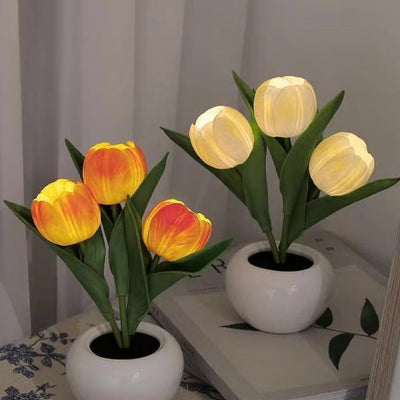 Zeitgenössische kreative Tulpenblumen-Keramik-PU-USB-LED-Tischlampe für das Schlafzimmer 