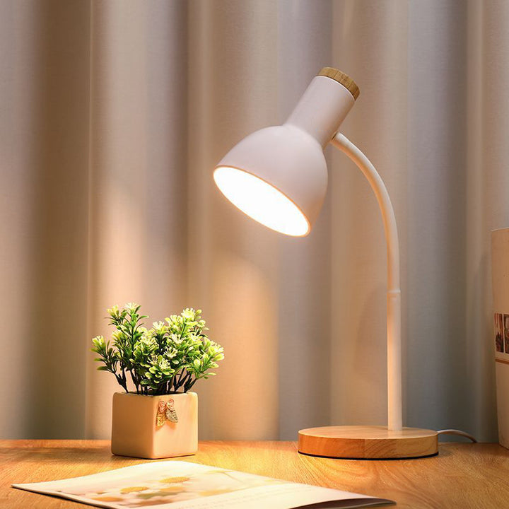 Lampe de table 1 lumière moderne minimaliste avec base en bois et fer, bras ajustable pliable pour chambre à coucher 