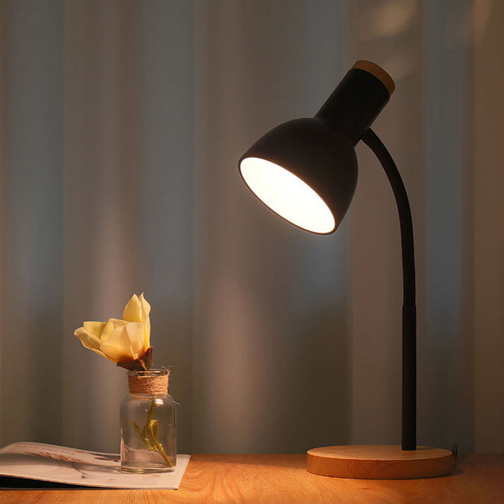 Lampe de table 1 lumière moderne minimaliste avec base en bois et fer, bras ajustable pliable pour chambre à coucher 