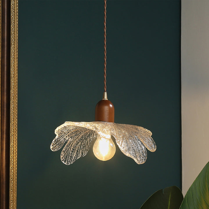 Zeitgenössische Retro-Walnuss-Holz-Messing-Glas-Blumen 1-Licht-Pendelleuchte für Esszimmer 