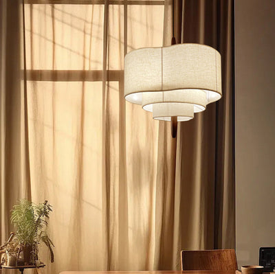 Traditionelle französische mehrschichtige Trommelform Stoff Holz 3-Licht Pendelleuchte für das Schlafzimmer 