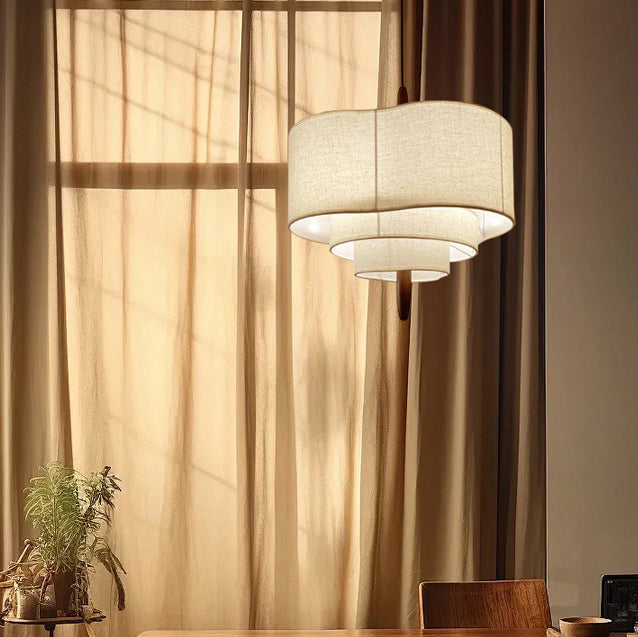 Traditionelle französische mehrschichtige Trommelform Stoff Holz 3-Licht Pendelleuchte für das Schlafzimmer 