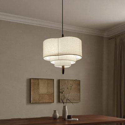 Traditionelle französische mehrschichtige Trommelform Stoff Holz 3-Licht Pendelleuchte für das Schlafzimmer 