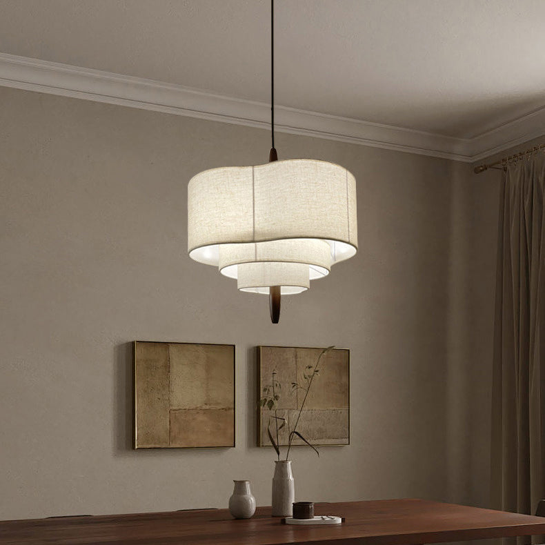 Traditionelle französische mehrschichtige Trommelform Stoff Holz 3-Licht Pendelleuchte für das Schlafzimmer 