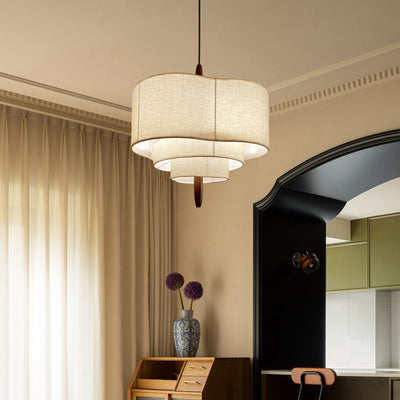 Traditionelle französische mehrschichtige Trommelform Stoff Holz 3-Licht Pendelleuchte für das Schlafzimmer 