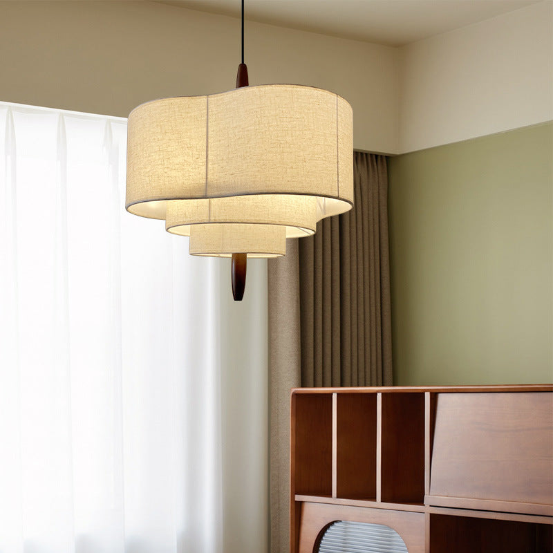 Traditionelle französische mehrschichtige Trommelform Stoff Holz 3-Licht Pendelleuchte für das Schlafzimmer 
