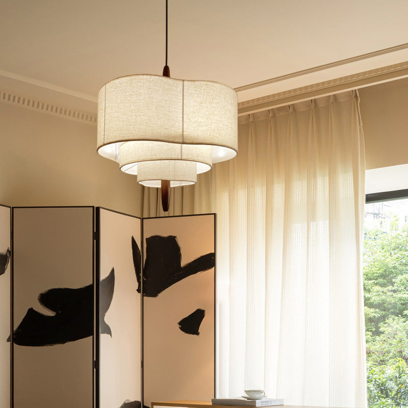 Traditionelle französische mehrschichtige Trommelform Stoff Holz 3-Licht Pendelleuchte für das Schlafzimmer 