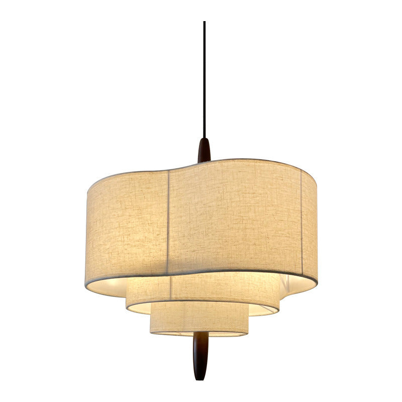 Traditionelle französische mehrschichtige Trommelform Stoff Holz 3-Licht Pendelleuchte für das Schlafzimmer 