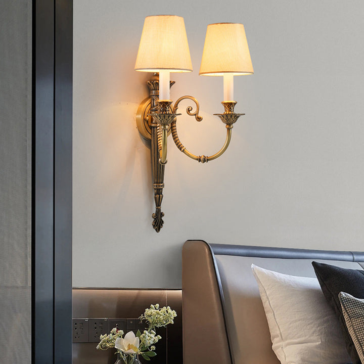 Traditional European Brass Fabric Cylinder Shade 2-Light Wall Sconce Lamp For Living Room