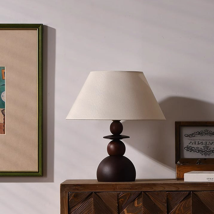 Lampe de table contemporaine rétro conique en tissu et bois à 1 lumière pour chambre 