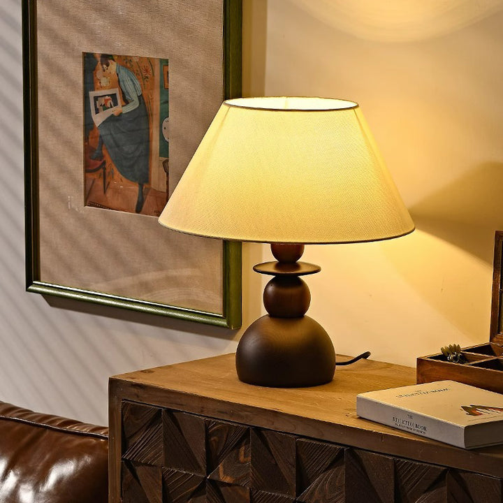 Lampe de table contemporaine rétro conique en tissu et bois à 1 lumière pour chambre 