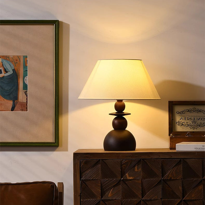 Lampe de table contemporaine rétro conique en tissu et bois à 1 lumière pour chambre 