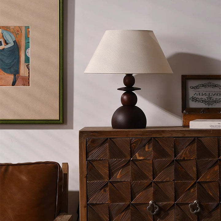 Lampe de table contemporaine rétro conique en tissu et bois à 1 lumière pour chambre 