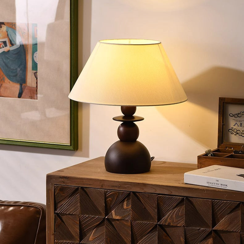 Lampe de table contemporaine rétro conique en tissu et bois à 1 lumière pour chambre 