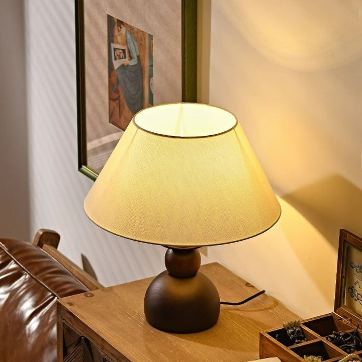 Lampe de table contemporaine rétro conique en tissu et bois à 1 lumière pour chambre 