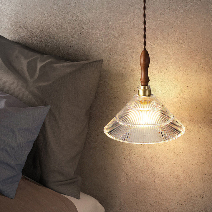 Suspension lumineuse 1 ampoule en verre ondulé en laiton et bois avec haut-parleur semi-circulaire japonais traditionnel pour salon 