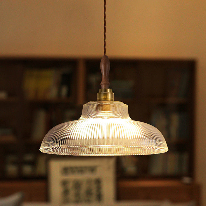 Suspension lumineuse 1 ampoule en verre ondulé en laiton et bois avec haut-parleur semi-circulaire japonais traditionnel pour salon 