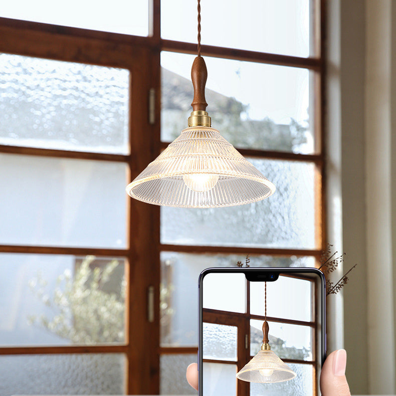 Suspension lumineuse 1 ampoule en verre ondulé en laiton et bois avec haut-parleur semi-circulaire japonais traditionnel pour salon 