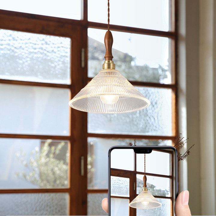 Suspension lumineuse 1 ampoule en verre ondulé en laiton et bois avec haut-parleur semi-circulaire japonais traditionnel pour salon 
