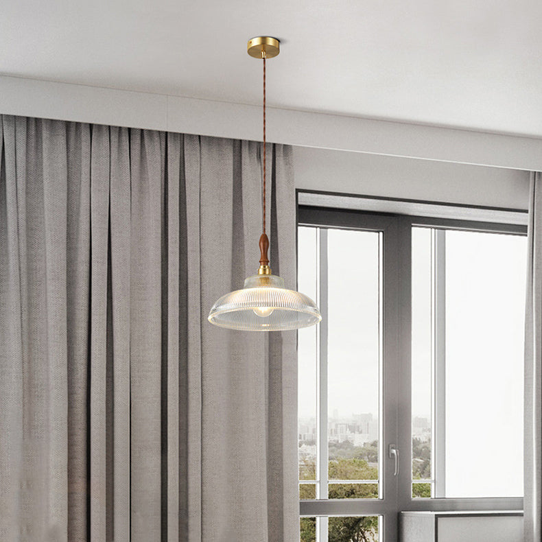 Suspension lumineuse 1 ampoule en verre ondulé en laiton et bois avec haut-parleur semi-circulaire japonais traditionnel pour salon 