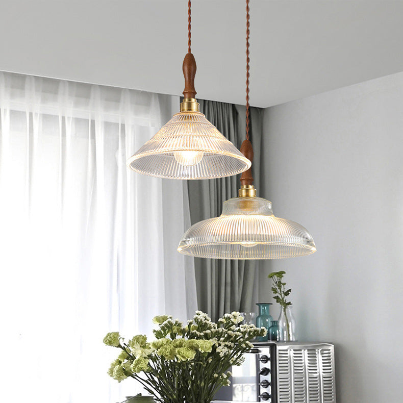 Suspension lumineuse 1 ampoule en verre ondulé en laiton et bois avec haut-parleur semi-circulaire japonais traditionnel pour salon 