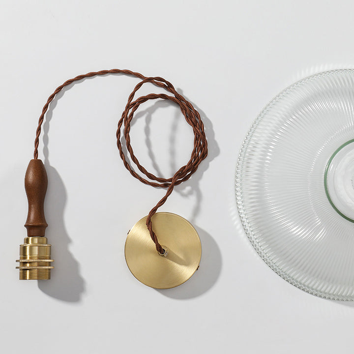 Suspension lumineuse 1 ampoule en verre ondulé en laiton et bois avec haut-parleur semi-circulaire japonais traditionnel pour salon 
