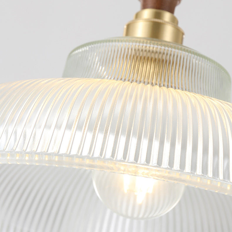 Suspension lumineuse 1 ampoule en verre ondulé en laiton et bois avec haut-parleur semi-circulaire japonais traditionnel pour salon 