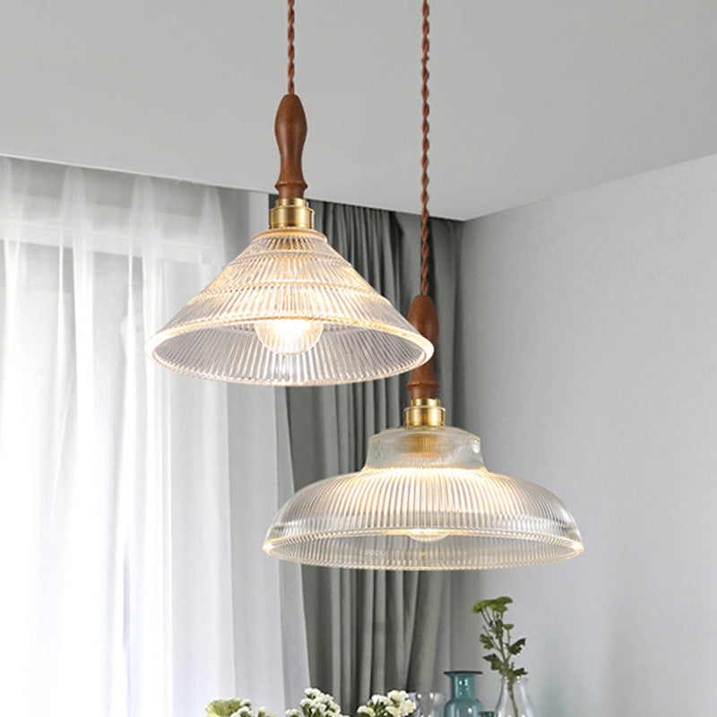 Suspension lumineuse 1 ampoule en verre ondulé en laiton et bois avec haut-parleur semi-circulaire japonais traditionnel pour salon 