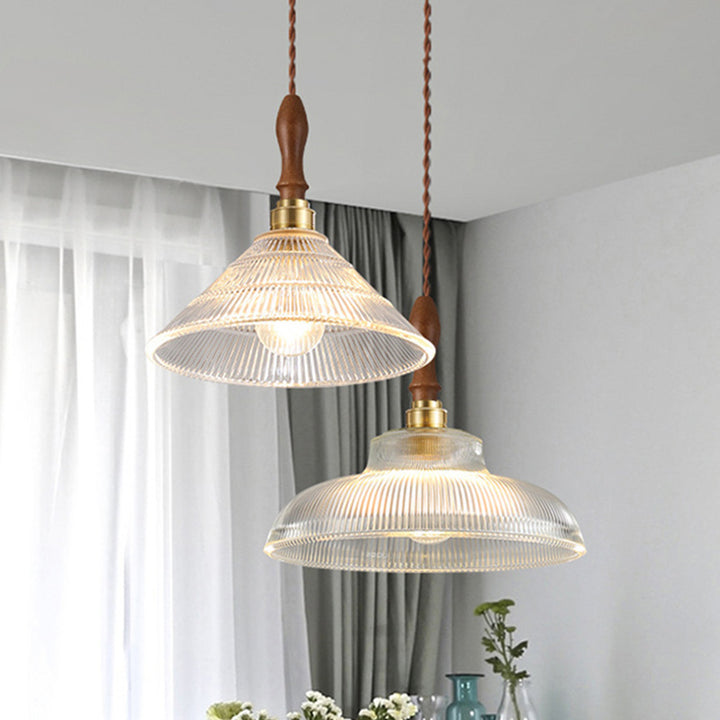 Suspension lumineuse 1 ampoule en verre ondulé en laiton et bois avec haut-parleur semi-circulaire japonais traditionnel pour salon 
