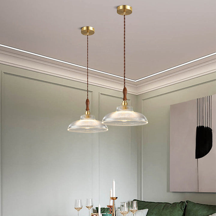 Suspension lumineuse 1 ampoule en verre ondulé en laiton et bois avec haut-parleur semi-circulaire japonais traditionnel pour salon 