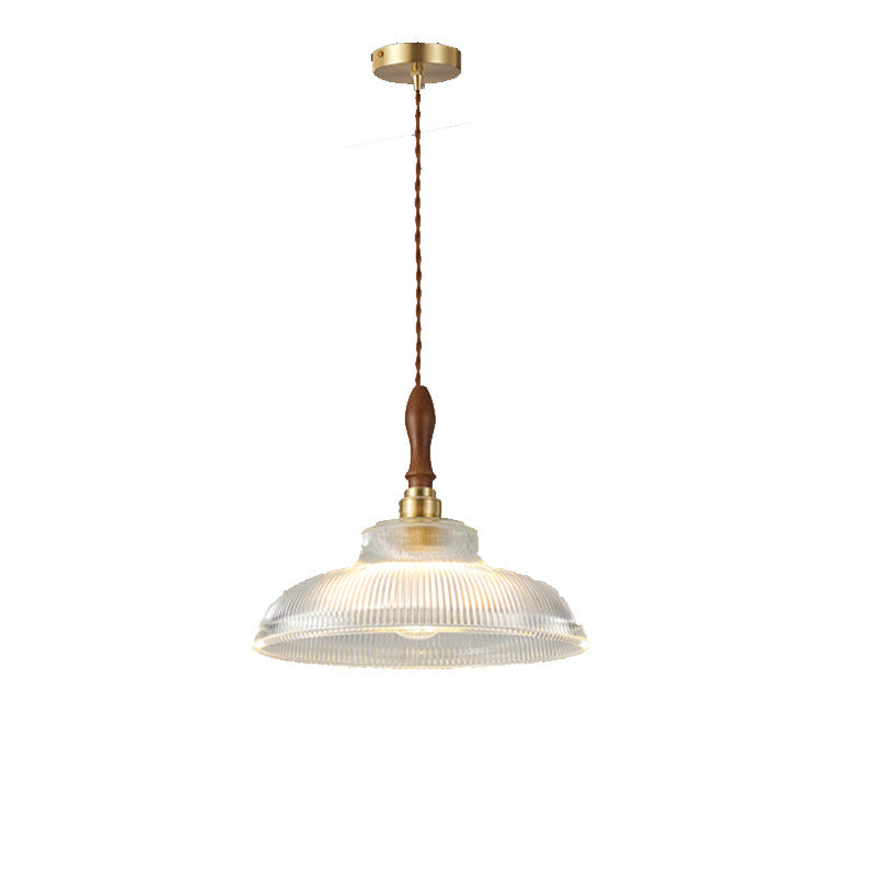 Suspension lumineuse 1 ampoule en verre ondulé en laiton et bois avec haut-parleur semi-circulaire japonais traditionnel pour salon 