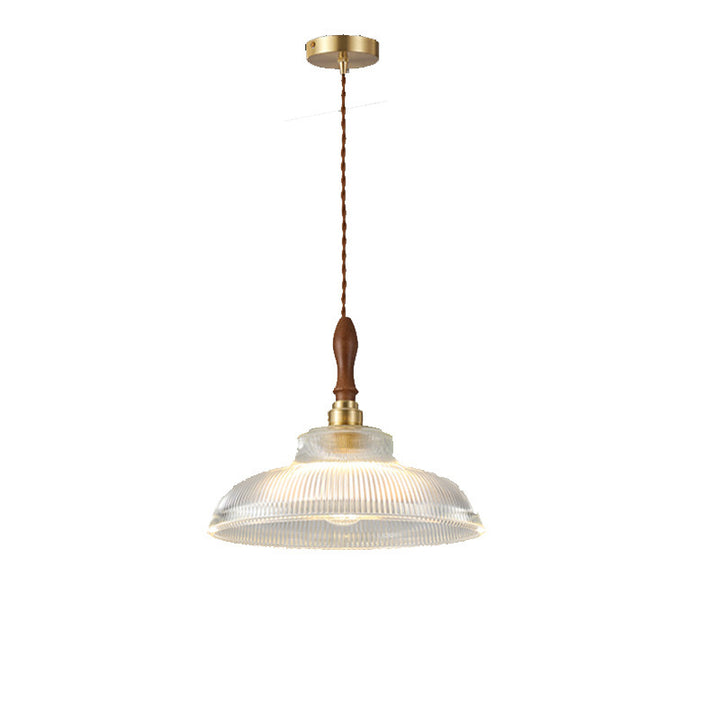 Suspension lumineuse 1 ampoule en verre ondulé en laiton et bois avec haut-parleur semi-circulaire japonais traditionnel pour salon 