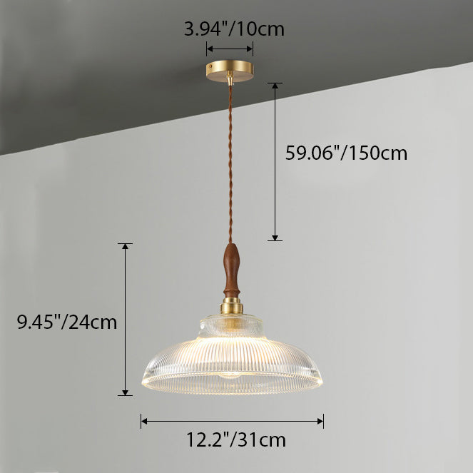 Suspension lumineuse 1 ampoule en verre ondulé en laiton et bois avec haut-parleur semi-circulaire japonais traditionnel pour salon 
