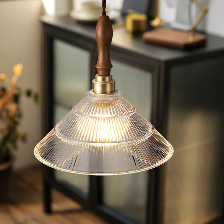 Suspension lumineuse 1 ampoule en verre ondulé en laiton et bois avec haut-parleur semi-circulaire japonais traditionnel pour salon 