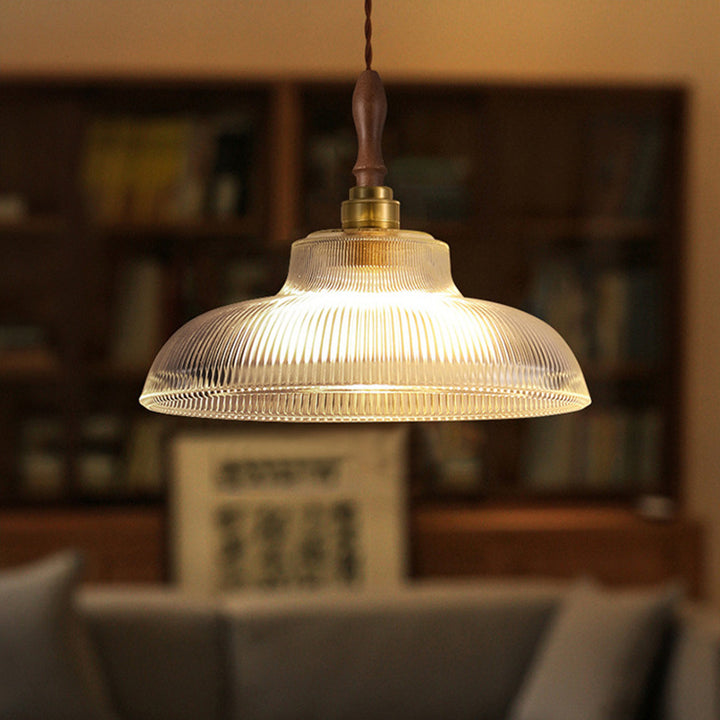 Suspension lumineuse 1 ampoule en verre ondulé en laiton et bois avec haut-parleur semi-circulaire japonais traditionnel pour salon 