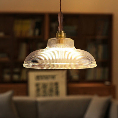 Traditional Japanese Semicircular Loudspeaker Ripple Glass Brass Wood 1-Light Pendant Light For Living Room