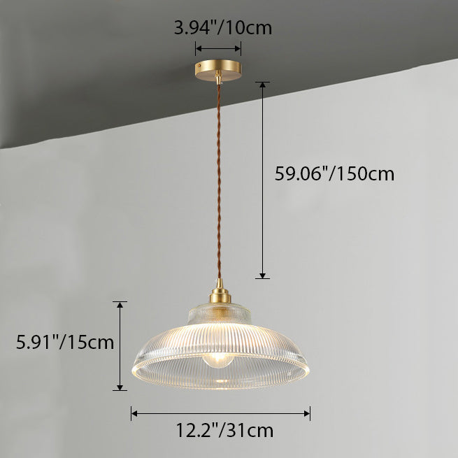 Suspension lumineuse 1 ampoule en verre ondulé en laiton et bois avec haut-parleur semi-circulaire japonais traditionnel pour salon 