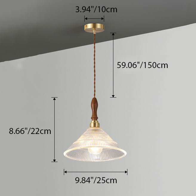 Suspension lumineuse 1 ampoule en verre ondulé en laiton et bois avec haut-parleur semi-circulaire japonais traditionnel pour salon 