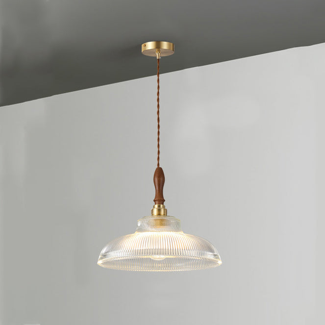 Suspension lumineuse 1 ampoule en verre ondulé en laiton et bois avec haut-parleur semi-circulaire japonais traditionnel pour salon 